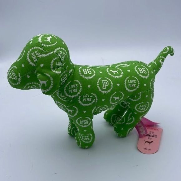 Victoria’s Secret LOVE PINK 86 Green white plush dog NWT - Picture 1 of 4